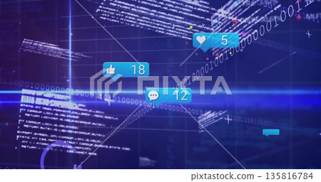 Showing social media notification icons floating on virtual interface with code text binary streams 135816784