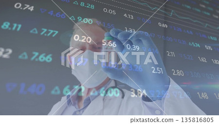 Masked gloved researcher in lab coat inspecting green capped vial in lab, with financial overlay 135816805