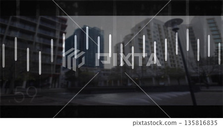 Floating digital audio bars hovering over urban plaza, with lampposts, planters by high-rise towers Floating digital audio bars hovering over urban plaza, with lampposts, planters by high-rise towers 135816835