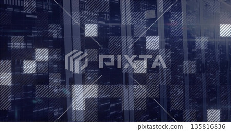 Glitching grid pattern streaming on digital console, with illuminated squares and rectangles Glitching grid pattern streaming on digital console, with illuminated squares and rectangles 135816836