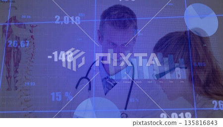 Doctor in lab coat observing patient pointing at interface in clinic, with spine diagram overlays Doctor in lab coat observing patient pointing at interface in clinic, with spine diagram overlays 135816843