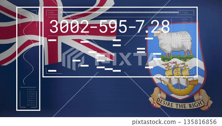 Displaying panel with numeric code over Falklands flag showing Union Jack, sheep badge Displaying panel with numeric code over Falklands flag showing Union Jack, sheep badge 135816856