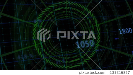 Displaying central green concentric interface on control screen with blue grid and numeric readouts 135816857
