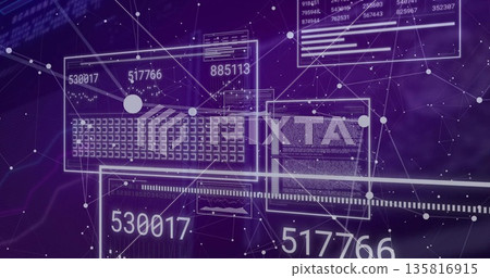 Visualizing wireframe keyboard panel floating in cyberspace, with code numeric panels and nodes Visualizing wireframe keyboard panel floating in cyberspace, with code numeric panels and nodes 135816915