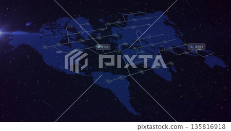 Displaying navy map with glowing network nodes and data labels against space and blue lens flare Displaying navy map with glowing network nodes and data labels against space and blue lens flare 135816918
