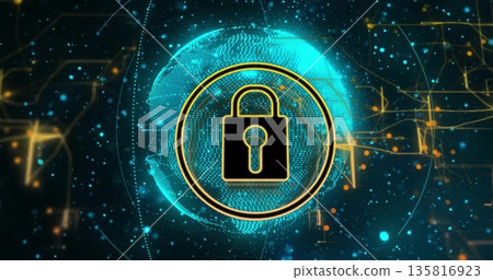 Displaying padlock icon before glowing globe with gold circular frame, network nodes, circuit lines 135816923