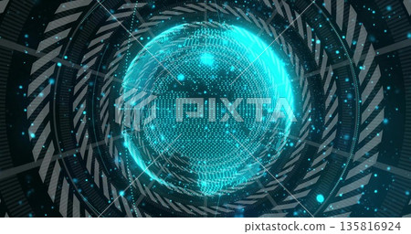 Rotating holographic globe within digital space, streaming binary code and glowing segmented rings 135816924