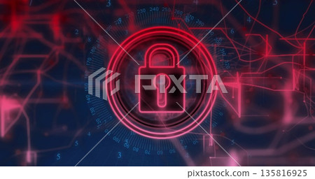 Hovering neon pink padlock icon guarding virtual network, with dial ring markings and data paths 135816925