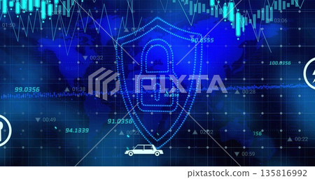 Neon-blue shield enclosing padlock glowing in control panel, with world map, data charts, limousine 135816992