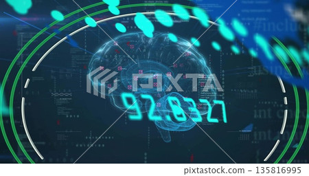 Showing neon-blue wireframe brain hologram on virtual dashboard with numeric overlay 92 135816995