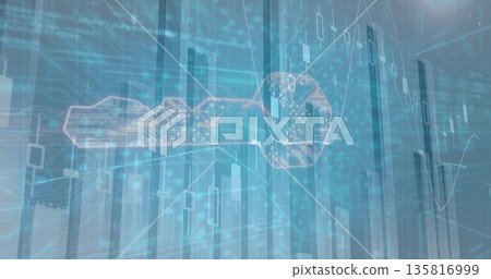 Floating circuit key icon hovering over data interface, showing candlestick bars and grid lines Floating circuit key icon hovering over data interface, showing candlestick bars and grid lines 135816999