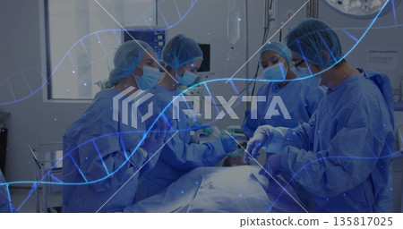 Surgical team of four in gowns performing surgery in operating room, with double helix graphic Surgical team of four in gowns performing surgery in operating room, with double helix graphic 135817025