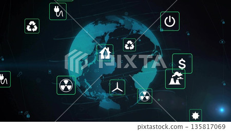 Globe floating in dark UI, with energy icons and nuclear-hazard, factory-dollar-emissions symbols 135817069