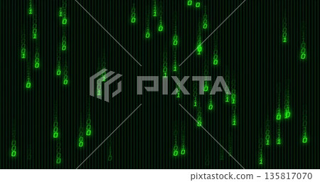 Streaming green binary digit streams cascading across dark grid panel, with neon code visualization Streaming green binary digit streams cascading across dark grid panel, with neon code visualization 135817070