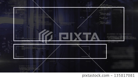 Interface rectangles hovering in data center, with server racks, network cables and code fragments 135817081