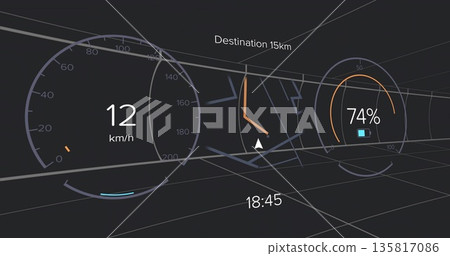 Floating display showing speed gauge, navigation map, battery icon and clock in cockpit grid lines 135817086