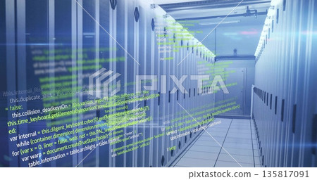 Showing data center hall with cabinets, floor tiles, cable trays, light fixtures with code overlay 135817091