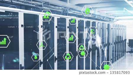 Server cabinets projecting green sustainability icons in data center, with visible Ethernet cables 135817093