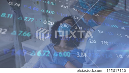 Masked patient on bed receiving injection from masked nurse in scrubs and gloves, data overlay Masked patient on bed receiving injection from masked nurse in scrubs and gloves, data overlay 135817110