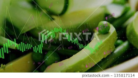 Avocado slice cluster with olives and candlestick bars floating in abstract scene, with line graphs 135817114