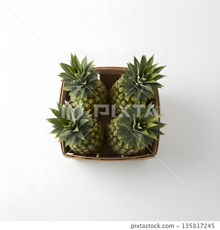 Pineapple Fruit Four Pineapples in Crate Overhead View 135817245