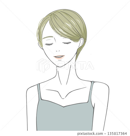A blonde woman wearing a camisole and closing her eyes 135817364