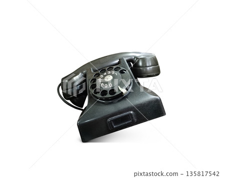 A stylish, old-fashioned black desk telephone on a white background. A stylish, old-fashioned black desk telephone on a white background. 135817542