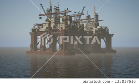 Drilling oil rig in sea ready for fossil fuel extraction in misty hard to see environment. Thick sea fog obscuring industrial drilling platforms used for tapping gas deposits from ocean Drilling oil rig in sea ready for fossil fuel extraction in misty hard to see environment. Thick sea fog obscuring industrial drilling platforms used for tapping gas deposits from ocean 135817616