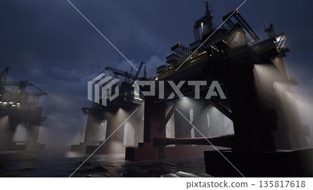 Massive industrial drilling rig extracting petrol from deep sea reserves using cranes at night. Maritime energy production facility ships operating in international waters, 24 hour nonstop operation Massive industrial drilling rig extracting petrol from deep sea reserves using cranes at night. Maritime energy production facility ships operating in international waters, 24 hour nonstop operation 135817618