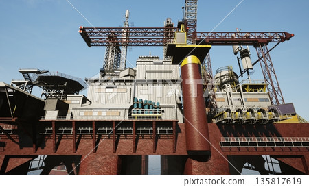Drilling oil barge in open sea ready for fossil fuel extraction. Industrial drilling platforms used for tapping oil or gas deposits from deep ocean reserves to supply global energy Drilling oil barge in open sea ready for fossil fuel extraction. Industrial drilling platforms used for tapping oil or gas deposits from deep ocean reserves to supply global energy 135817619