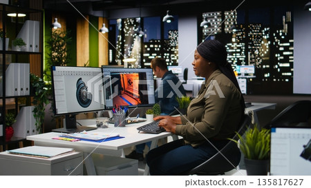 Female developer creates Mars virtual station video game using AI tools. Futuristic program processing spaceship and turbine with deep learning and automation for game development. Camera A. 135817627