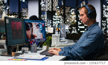 Photography editor using AI chatbot turning text prompt into photos and retouching, adjusting color to ensure professional content for clients. AI powered image editing, creative industry. Camera B. Photography editor using AI chatbot turning text prompt into photos and retouching, adjusting color to ensure professional content for clients. AI powered image editing, creative industry. Camera B. 135817717