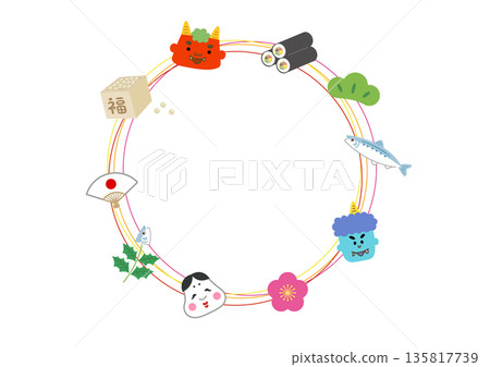 Cute circular frame with Setsubun motif Cute circular frame with Setsubun motif 135817739