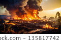 A fire scene engulfed in intense flames and black smoke (16:9) 135817742