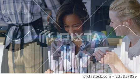 Chatting adult women sipping coffee at table in cafe, server wearing apron, digital chart overlay 135817859