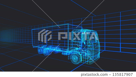Rendering wireframe semi-truck model within 3D grid space, highlighting simulation depth 135817907