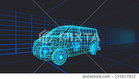 Displaying neon blue wireframe van model in virtual 3D space, showing grid-lined floor and walls Displaying neon blue wireframe van model in virtual 3D space, showing grid-lined floor and walls 135817912