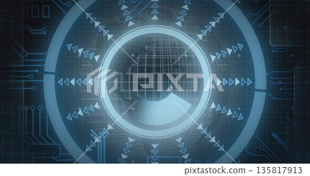 Presenting neon-blue interface hovering on virtual control panel, with concentric rings and arrows Presenting neon-blue interface hovering on virtual control panel, with concentric rings and arrows 135817913