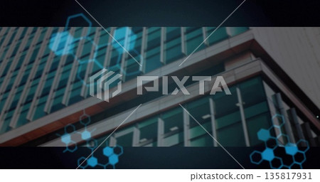 Showcasing modern office facade at downtown with glass windows metal beams blue hexagon overlays Showcasing modern office facade at downtown with glass windows metal beams blue hexagon overlays 135817931