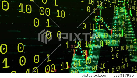 Showing binary and candlestick chart on finance dashboard, with green bars, red markers, copy space 135817959