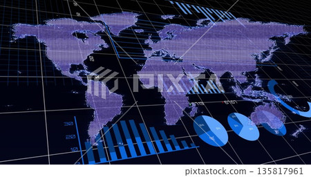 Floating purple world map over dashboard, with grid and scale lines, blue charts, overlay lines Floating purple world map over dashboard, with grid and scale lines, blue charts, overlay lines 135817961