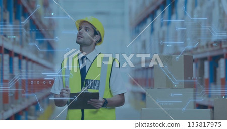 Inspecting supervisor in hardhat scanning racks with clipboard in warehouse aisle, digital overlay Inspecting supervisor in hardhat scanning racks with clipboard in warehouse aisle, digital overlay 135817975
