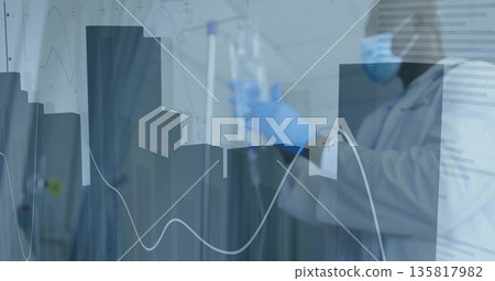 Inspecting scientist wearing lab coat examining flask at research lab with data chart overlays Inspecting scientist wearing lab coat examining flask at research lab with data chart overlays 135817982