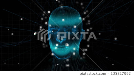 Displaying 3D wireframe head radiating data in cyberspace, with camera-icon squares, glowing lines 135817992