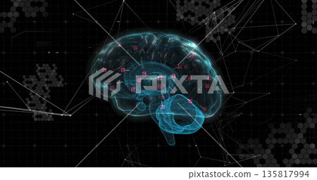 Floating 3D wireframe brain model showing neural links over grid, with pink nodes and white lines Floating 3D wireframe brain model showing neural links over grid, with pink nodes and white lines 135817994