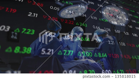 Three surgeons wearing blue sterile gowns performing surgery in OR, with financial data overlays Three surgeons wearing blue sterile gowns performing surgery in OR, with financial data overlays 135818015