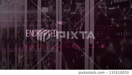 Glowing glass-doored server rack cabinets in data center corridor, with encrypted PROC overlay 135818050