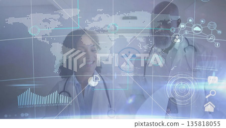 Medical professionals analyzing holographic world map display in research lab with stethoscopes Medical professionals analyzing holographic world map display in research lab with stethoscopes 135818055