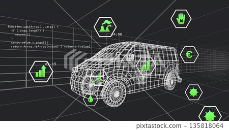 Displaying 3D wireframe van model rotating in dark grid workspace, with hex icons and code snippet 135818064