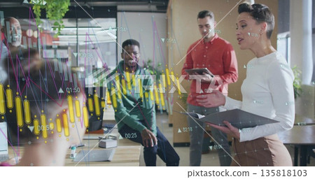 Presenting woman in white blouse leading discussion in open-plan office, with folder, copy space 135818103
